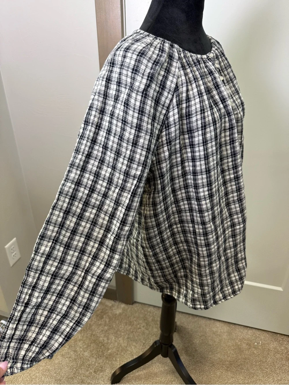Old Navy Black White Plaid Popover 1/2 Button Blouse Puff Sleeve Cotton Flowy XL